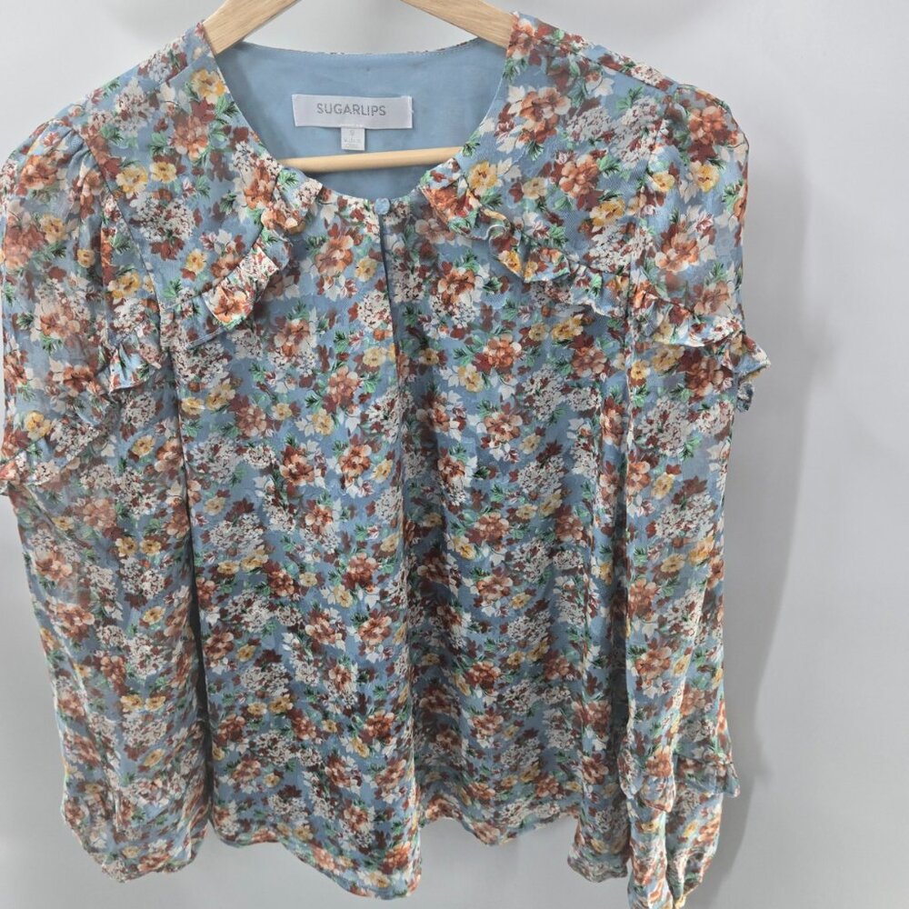 Sugarlips Blue Floral V-Neck Button Long Sleeve Ruffled Pullover Blouse Small